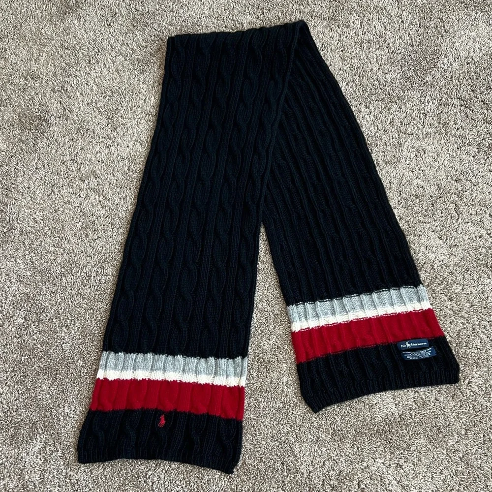 Polo Ralph Lauren Vintage Cable Knit Winter Scarf Wool Blend Black Red Grey RARE